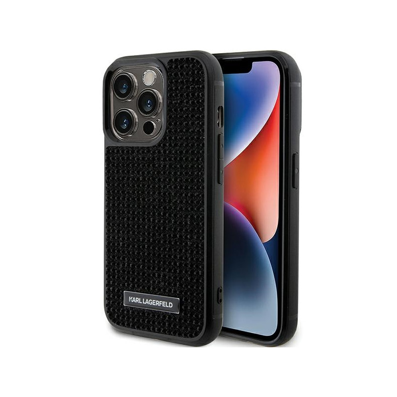 Karl Lagerfeld iPhone 15 Pro dėklas su Rhinestone logotipu ir metaline plokšte – juodas