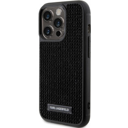 Karl Lagerfeld iPhone 15 Pro dėklas su Rhinestone logotipu ir metaline plokšte – juodas