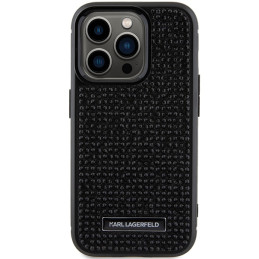 Karl Lagerfeld iPhone 15 Pro dėklas su Rhinestone logotipu ir metaline plokšte – juodas