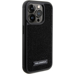 Karl Lagerfeld iPhone 15 Pro dėklas su Rhinestone logotipu ir metaline plokšte – juodas