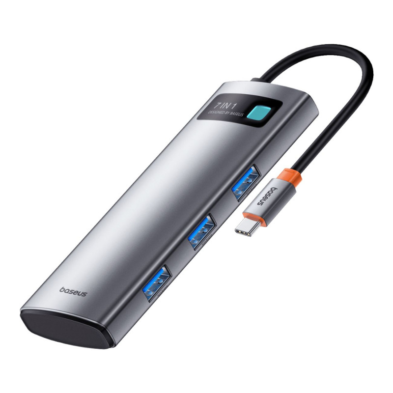 ŠAKOTĖLIS 7in1 Baseus Metal Gleam Series USB-C į USB-C PD / 3x USB-A / HDMI / SD TF - pilkas