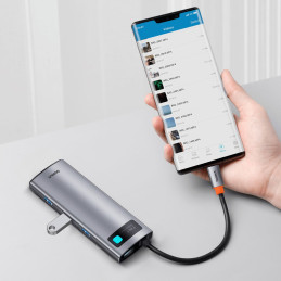 ŠAKOTĖLIS 7in1 Baseus Metal Gleam Series USB-C į USB-C PD / 3x USB-A / HDMI / SD TF - pilkas