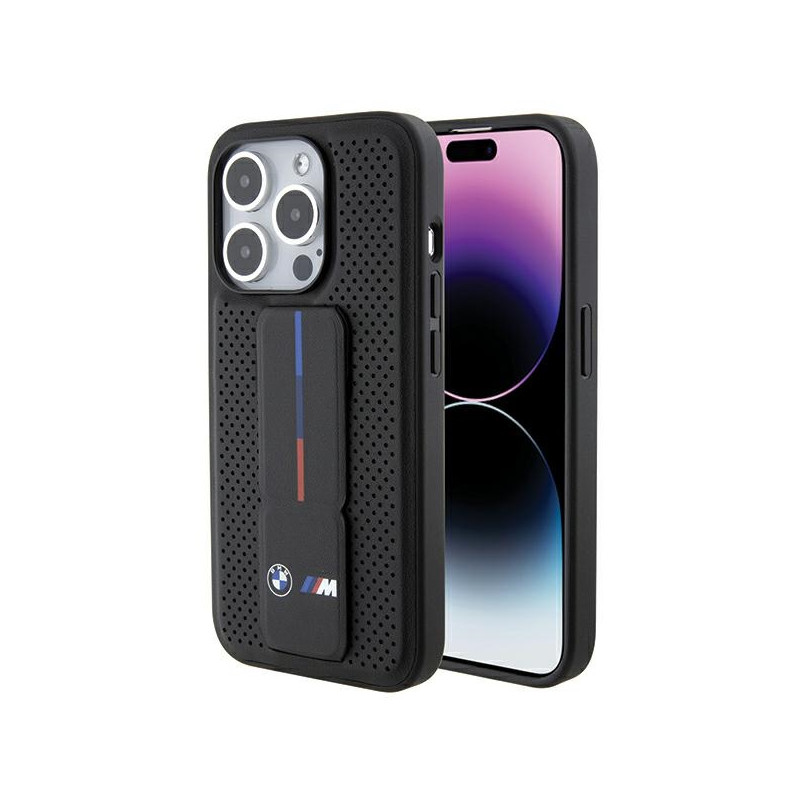 BMW „Grip Stand“ lygus ir perforuotas dėklas, skirtas „iPhone 15 Pro Max“ – juodas
