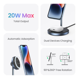 „Ugreen CD317 MagSafe/ Qi 2in1“ įkrovimo stotelė – juoda