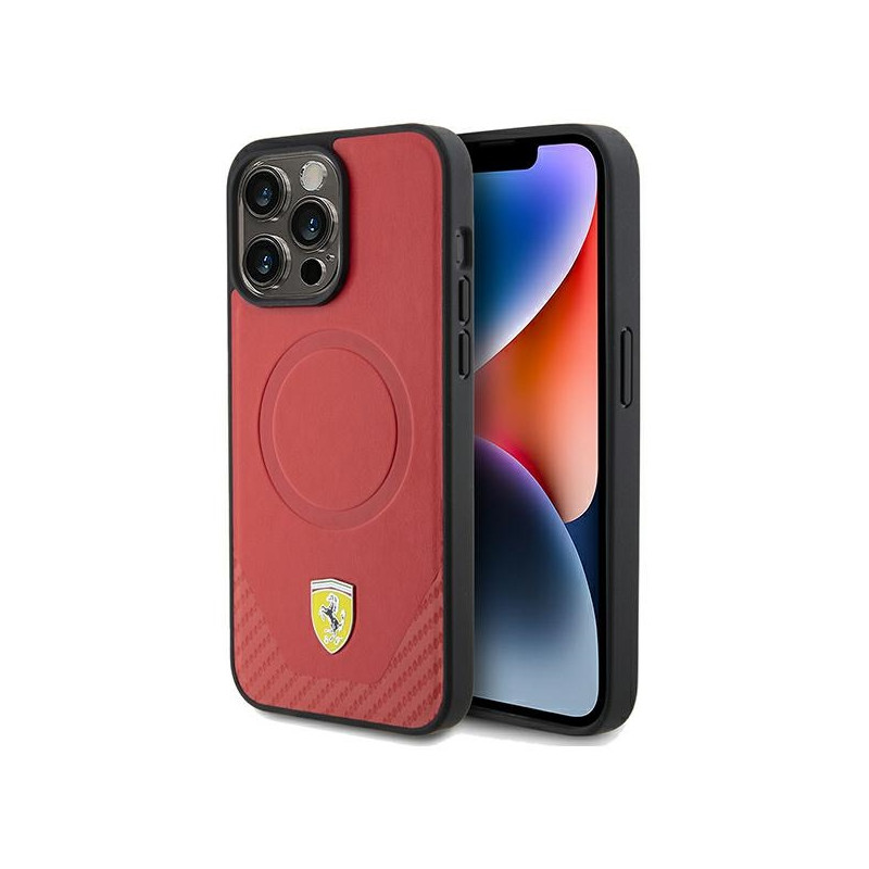 „Ferrari Carbon Metal“ logotipo „MagSafe iPhone 15 Pro“ dėklas – raudonas