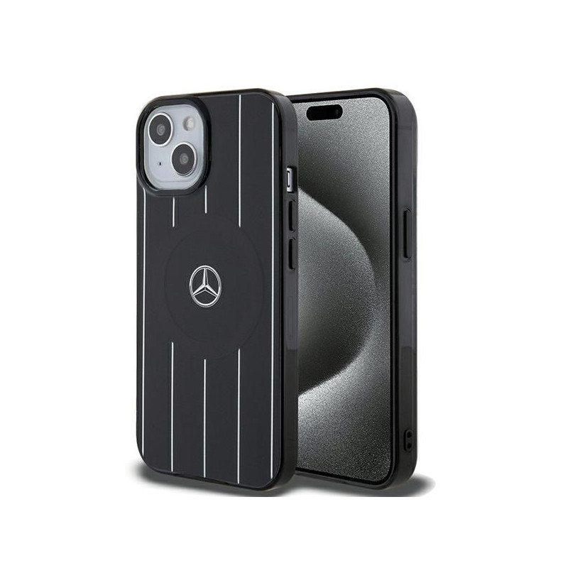 „Mercedes“ dvigubo sluoksnio „MagSafe iPhone 15“ dėklas su kryžminėmis linijomis – juodas