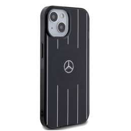 „Mercedes“ dvigubo sluoksnio „MagSafe iPhone 15“ dėklas su kryžminėmis linijomis – juodas