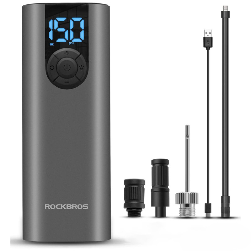 „Rockbros 42720001001“ elektrinio dviračio pompa su LED ekranu + USB-C - USB-A laidu - juoda