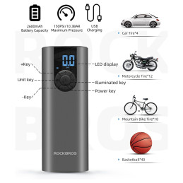 „Rockbros 42720001001“ elektrinio dviračio pompa su LED ekranu + USB-C - USB-A laidu - juoda