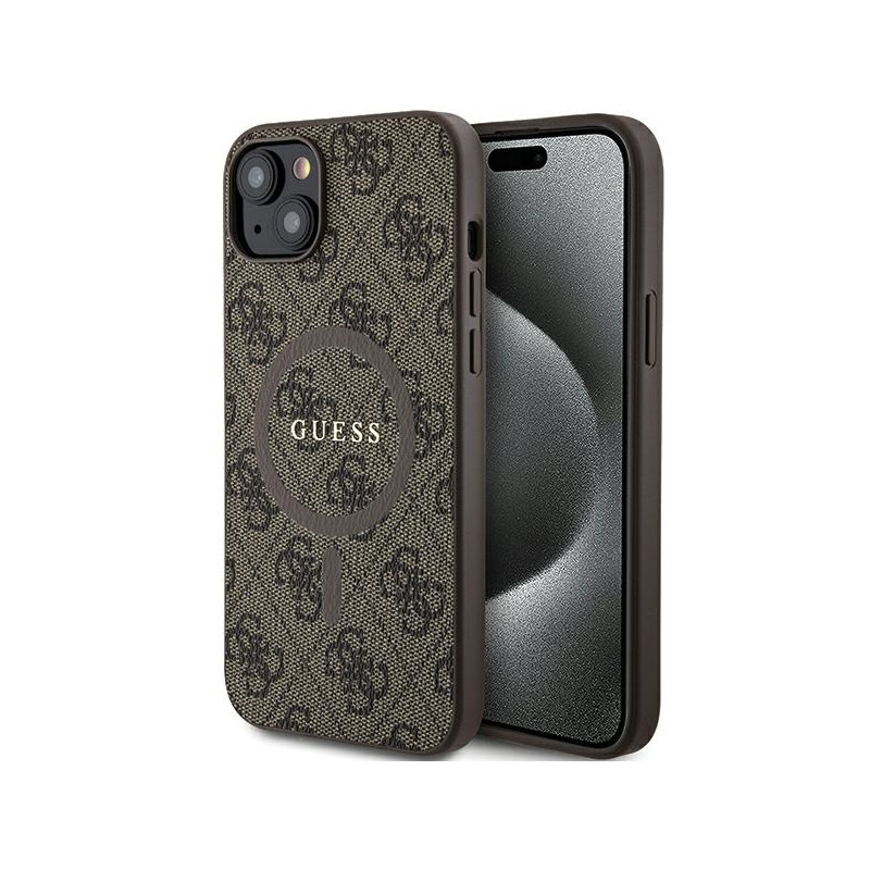 „Guess 4G Collection“ odinis metalinis „MagSafe“ dėklas su logotipu, skirtas iPhone 15/ 14/ 13 – rudas