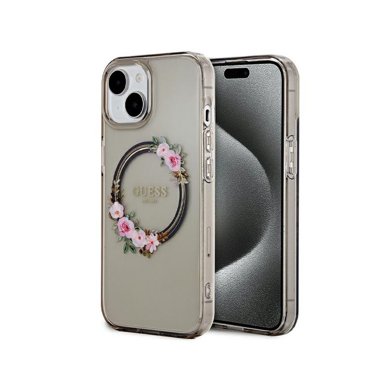 „Guess IML Flowers Wreath MagSafe“ dėklas, skirtas iPhone 15 / 14 / 13 - juodas