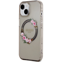 „Guess IML Flowers Wreath MagSafe“ dėklas, skirtas iPhone 15 / 14 / 13 - juodas