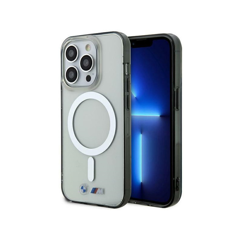 BMW sidabrinis žiedas „MagSafe iPhone 15 Pro“ dėklas – skaidrus
