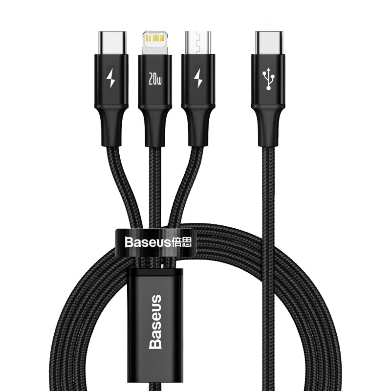 „Baseus Rapid Series 3in1 USB-C“ – USB-C / „Lightning“ / „micro USB“ laidas 20 W PD 1,5 m – juodas