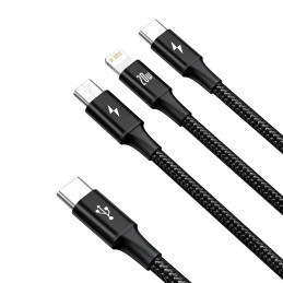 „Baseus Rapid Series 3in1 USB-C“ – USB-C / „Lightning“ / „micro USB“ laidas 20 W PD 1,5 m – juodas