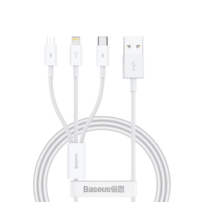 „Baseus Superior Series USB-A“ – USB-C / „Lightning“ / „micro USB 3.5A“ laidas, 0,5 m – baltas