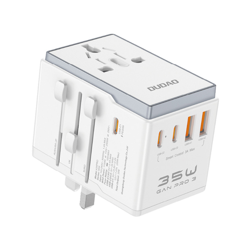 „Dudao A35Pro“ 35 W kelioninis adapteris ES / JK / Australija / JAV / JP 3x USB-C 2x USB-A – baltas