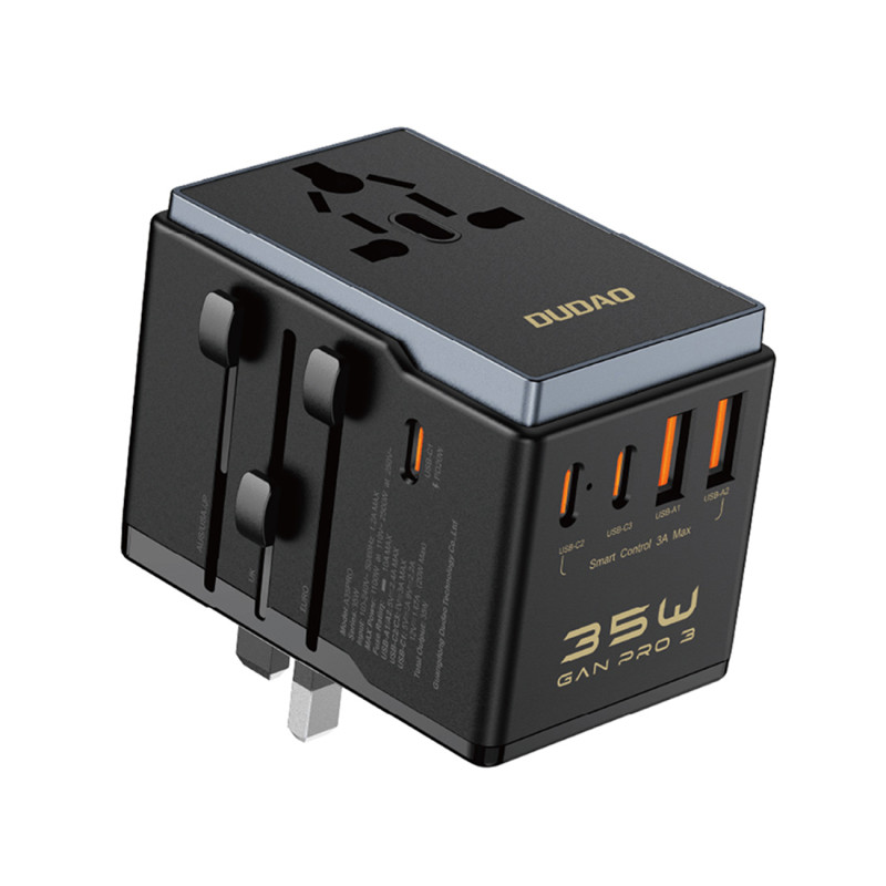 „Dudao A35Pro“ 35 W kelioninis adapteris ES / JK / Australija / JAV / JP 3x USB-C 2x USB-A – juodas