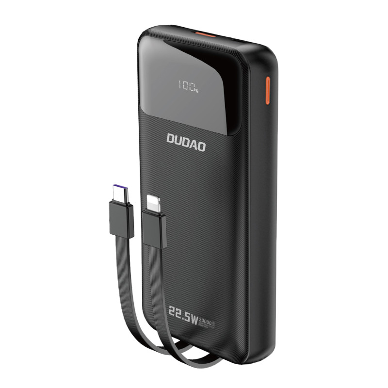 „Dudao K15Pro“ išorinė baterija, 20000mAh, 22,5W, PD USB-C / USB-A / su integruotu „Lightning“ ir USB-C laidu – juoda