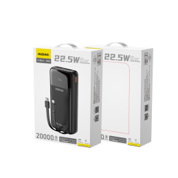 „Dudao K15Pro“ išorinė baterija, 20000mAh, 22,5W, PD USB-C / USB-A / su integruotu „Lightning“ ir USB-C laidu – juoda