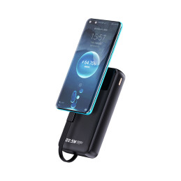 „Dudao K15Pro“ išorinė baterija, 20000mAh, 22,5W, PD USB-C / USB-A / su integruotu „Lightning“ ir USB-C laidu – juoda