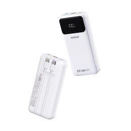 „Dudao K15Pro“ išorinė baterija, 20000mAh, 22,5W, PD USB-C / USB-A / su integruotu „Lightning“ ir USB-C laidu – balta