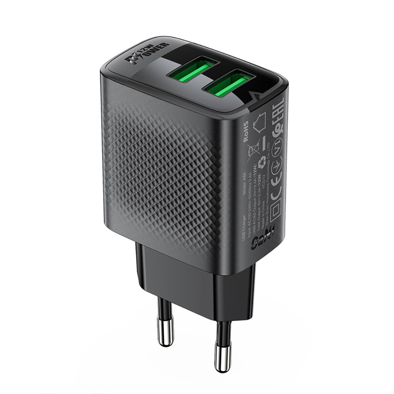 „Acefast A86“ tinklo įkroviklis, 2x USB-A, 12W, juodas