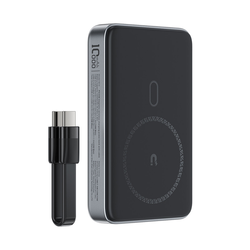 „Acefast M10 Magnetic“ nešiojama baterija, 2x USB-C PD 30W, su 15W indukciniu įkrovimu ir USB-C laidu – juoda