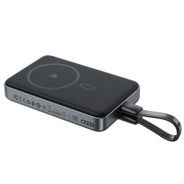 „Acefast M10 Magnetic“ nešiojama baterija, 2x USB-C PD 30W, su 15W indukciniu įkrovimu ir USB-C laidu – juoda