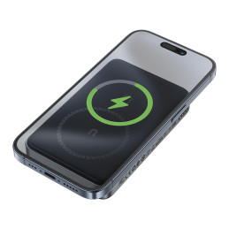 „Acefast M10 Magnetic“ nešiojama baterija, 2x USB-C PD 30W, su 15W indukciniu įkrovimu ir USB-C laidu – juoda