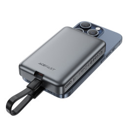 „Acefast M10 Magnetic“ nešiojama baterija, 2x USB-C PD 30W, su 15W indukciniu įkrovimu ir USB-C laidu – juoda