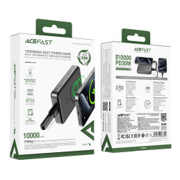 „Acefast M10 Magnetic“ nešiojama baterija, 2x USB-C PD 30W, su 15W indukciniu įkrovimu ir USB-C laidu – juoda