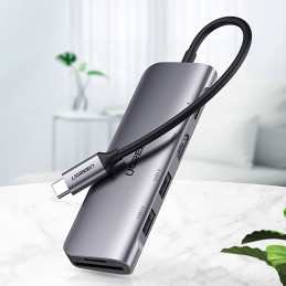 Ugreen CM195 6in1 USB-C - HDMI / 2x USB-A 3.0 / USB-C PD / SD / TF skaitytuvo adapteris - pilkas