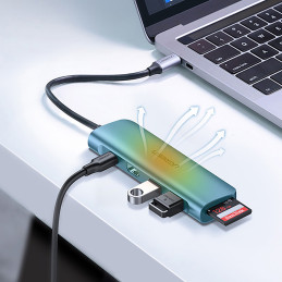 Ugreen CM195 6in1 USB-C - HDMI / 2x USB-A 3.0 / USB-C PD / SD / TF skaitytuvo adapteris - pilkas