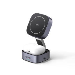 „Ugreen W702 3in1“ indukcinis įkroviklis su „MagSafe“ / „Qi2“ ir USB-C prievadu telefonui / ausinėms - juodas