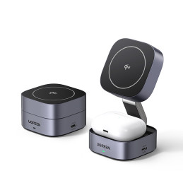 „Ugreen W702 3in1“ indukcinis įkroviklis su „MagSafe“ / „Qi2“ ir USB-C prievadu telefonui / ausinėms - juodas