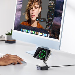 „Ugreen W702 3in1“ indukcinis įkroviklis su „MagSafe“ / „Qi2“ ir USB-C prievadu telefonui / ausinėms - juodas