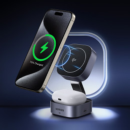 „Ugreen W702 3in1“ indukcinis įkroviklis su „MagSafe“ / „Qi2“ ir USB-C prievadu telefonui / ausinėms - juodas