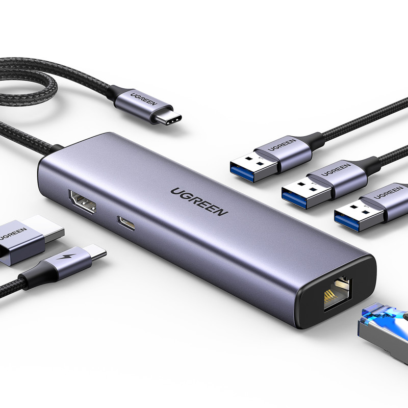 ŠAKOTĖLIS Ugreen CM512 15598 6in1 USB-C - 3x USB-A 3.0 / HDMI / RJ45 / USB-C PD - pilkas