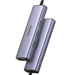 ŠAKOTĖLIS Ugreen CM512 15598 6in1 USB-C - 3x USB-A 3.0 / HDMI / RJ45 / USB-C PD - pilkas