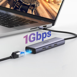 ŠAKOTĖLIS Ugreen CM512 15598 6in1 USB-C - 3x USB-A 3.0 / HDMI / RJ45 / USB-C PD - pilkas