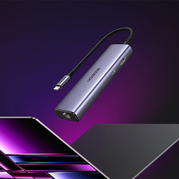 ŠAKOTĖLIS Ugreen CM512 15598 6in1 USB-C - 3x USB-A 3.0 / HDMI / RJ45 / USB-C PD - pilkas