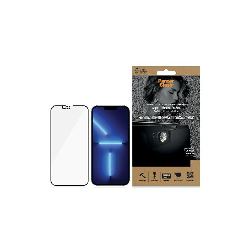 „PanzerGlass E2E“ antibakterinis mikrolaužimo stiklas su „Swarovski“ kristalais, skirtas „iPhone 13 Pro Max“ – juodo rėm...