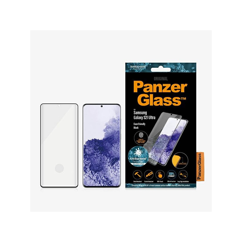 „PanzerGlass E2E“ mikroįtrūkimų antibakterinis stiklas, skirtas „Samsung Galaxy S21 Ultra“ – su juodu rėmeliu.
