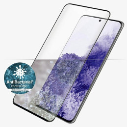 „PanzerGlass E2E“ mikroįtrūkimų antibakterinis stiklas, skirtas „Samsung Galaxy S21 Ultra“ – su juodu rėmeliu.