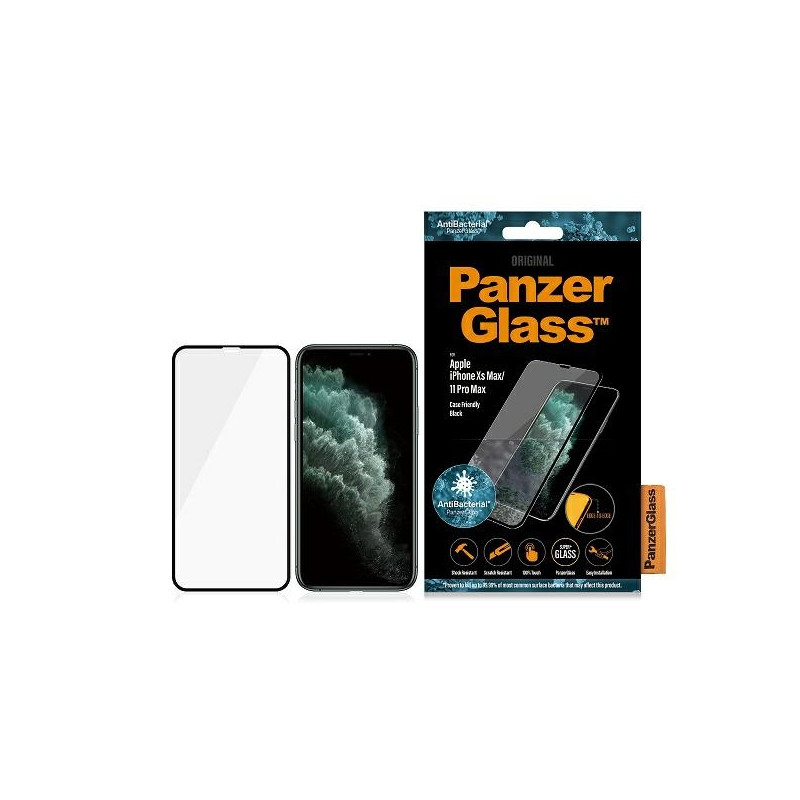 „PanzerGlass E2E Super+“ antibakterinis grūdintas stiklas, skirtas „iPhone XS Max“ / „11 Pro Max“ – su juodu rėmeliu
