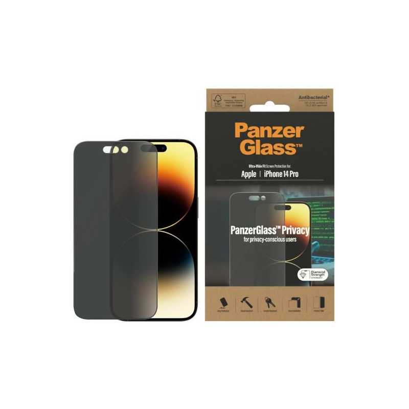 „PanzerGlass“ itin plataus diametro antibakterinis grūdintas stiklas, skirtas „iPhone 14 Pro“ telefonui