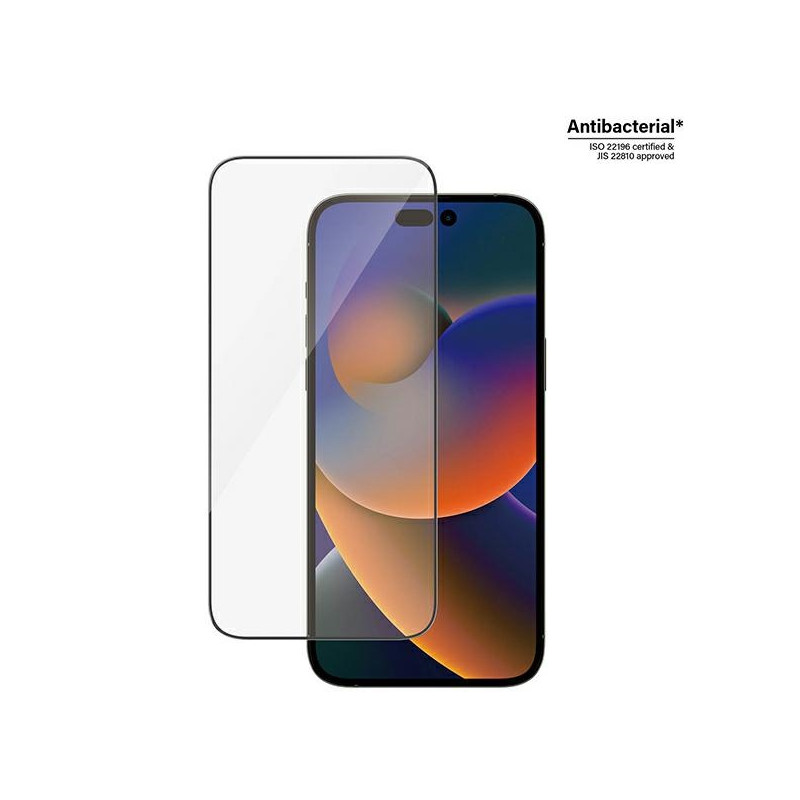 „PanzerGlass“ itin plataus kampo antibakterinis grūdintas stiklas su pozicionieriumi, skirtas „iPhone 14 Pro Max“