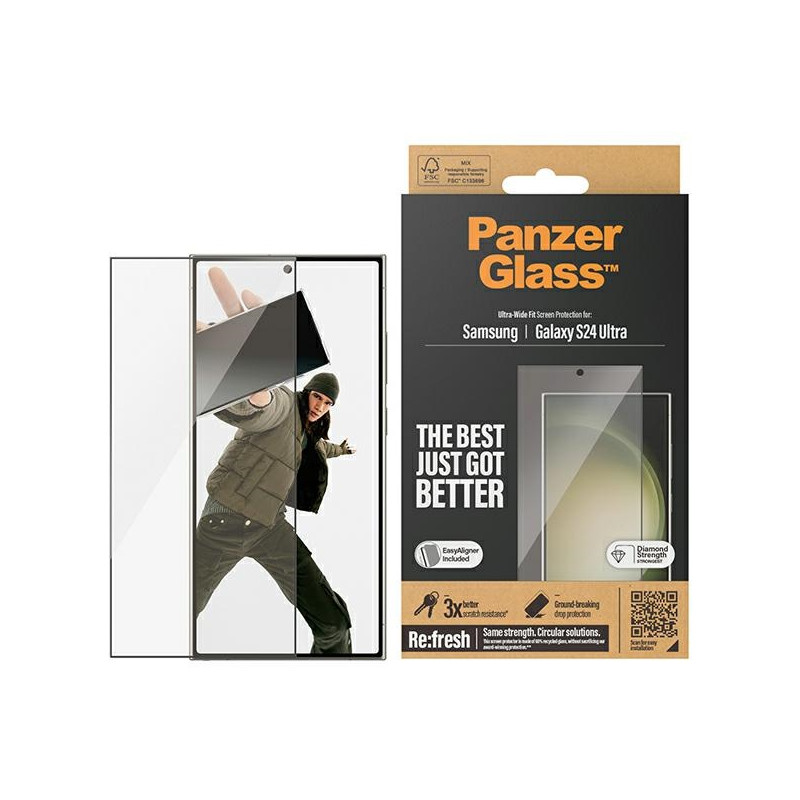 „PanzerGlass“ itin plataus tvirtinimo grūdintas stiklas su aplikatoriumi, skirtas „Samsung Galaxy S24 Ultra“.