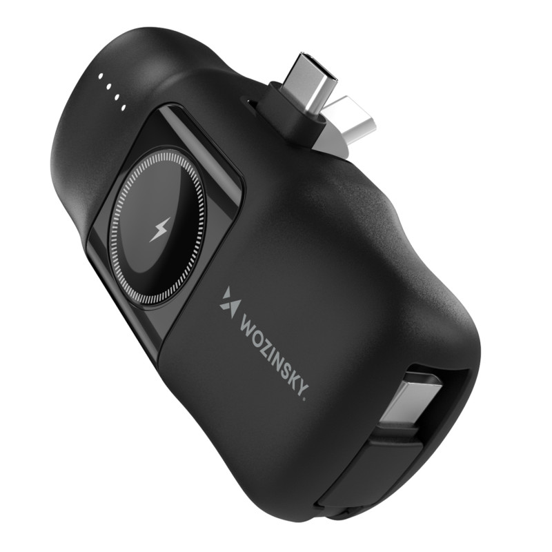 „Wozinsky WF16-YCS“ 5000mAh 15W USB-C mini išorinė baterija su integruotu USB-C laidu ir „Apple Watch“ įkrovikliu – juod...